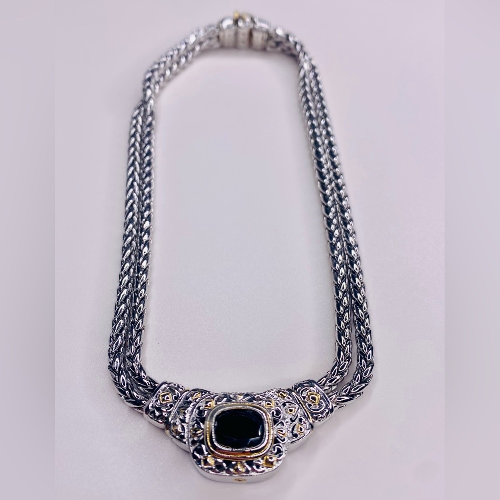 VINTAGE RETIRED JOHN MEDEROIS BLACK ONYX NECKLACE DOUBLE CHAIN -SIGNED BY JM